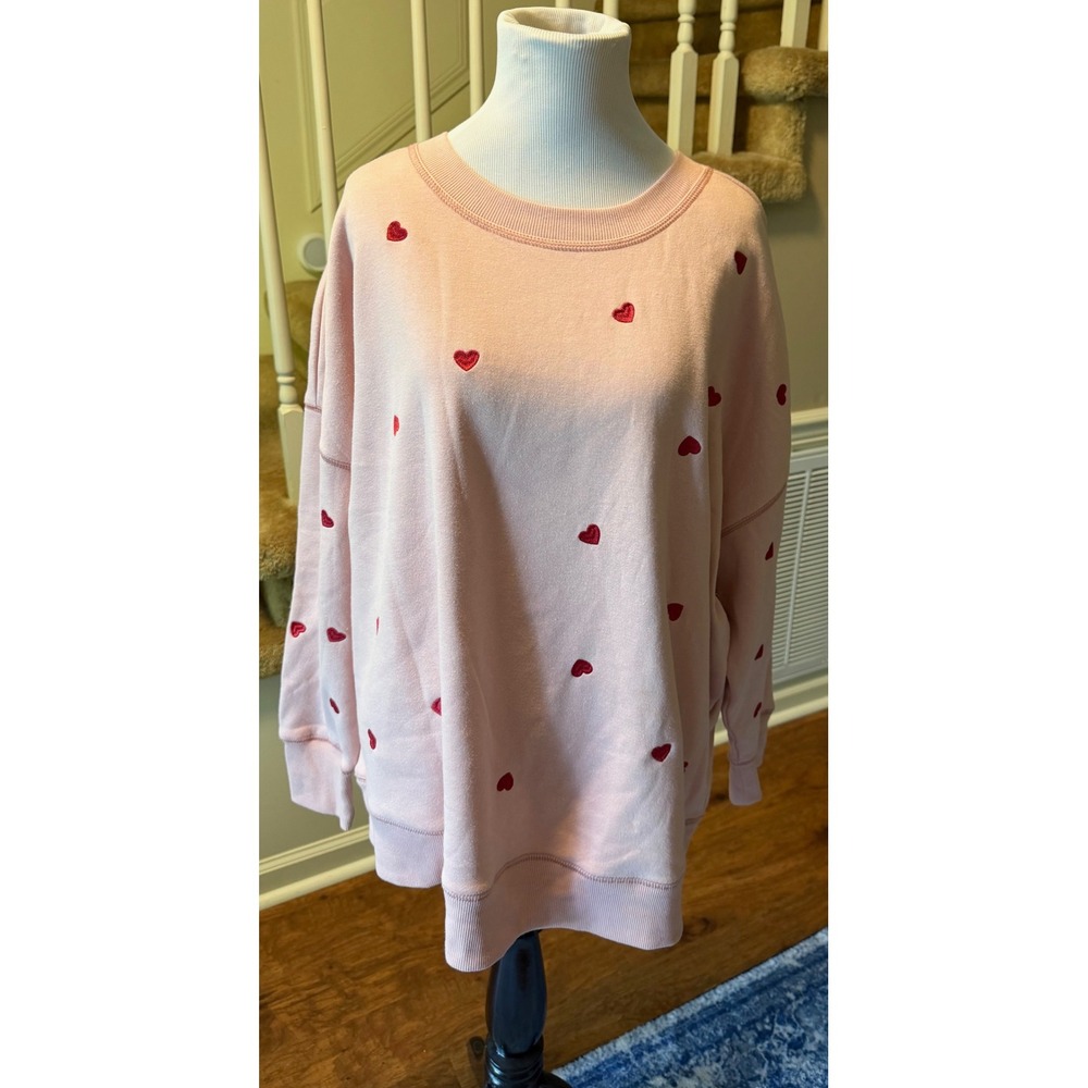 Maurices Womens 1X Pink Embroidered Red Heart Oversized Fleece Sweatshirt NWT